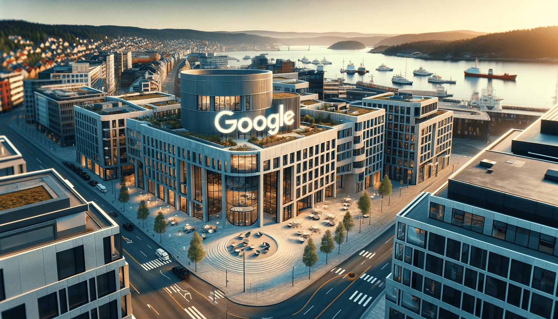 Kilde: Dall-E3 har laget et fiktivt Google-kontor på Aker Brygge i Oslo.